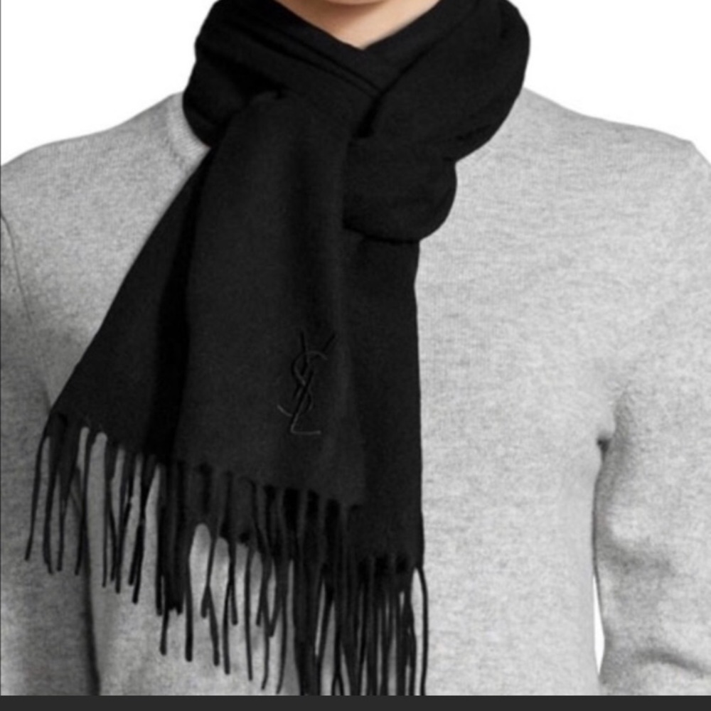 Authentic Yves Saint Laurent Embroidered Logo Black Wool Scarf